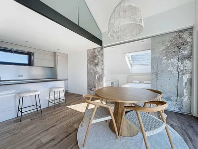 Küche; tageslicht, moderner stil, holzboden