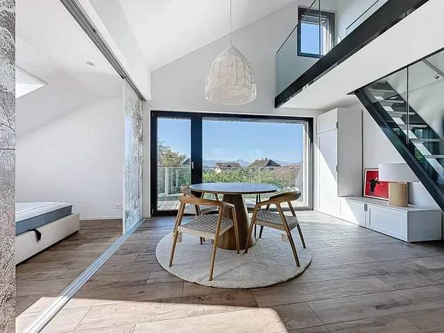 Living room; view, wood floor, natural light, modern style