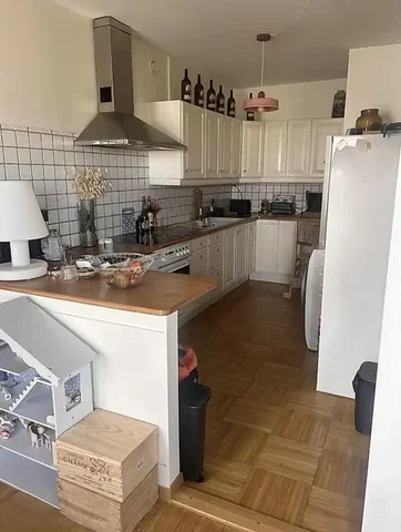 Cozinha; eletrodomésticos, chão de azulejo, chão de madeira, renovado, luz natural