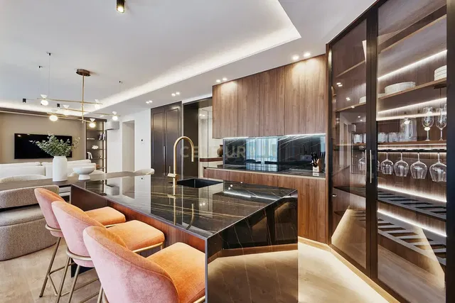 Kitchen; kitchen appliances, modern style, wood floor, natural light, renovated