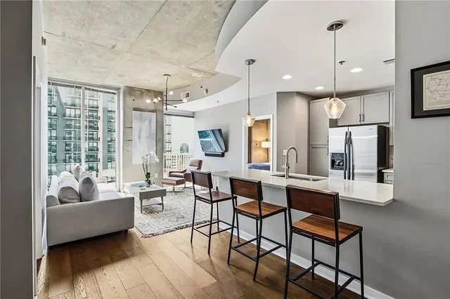 Living room; view, wood floor, natural light, modern style