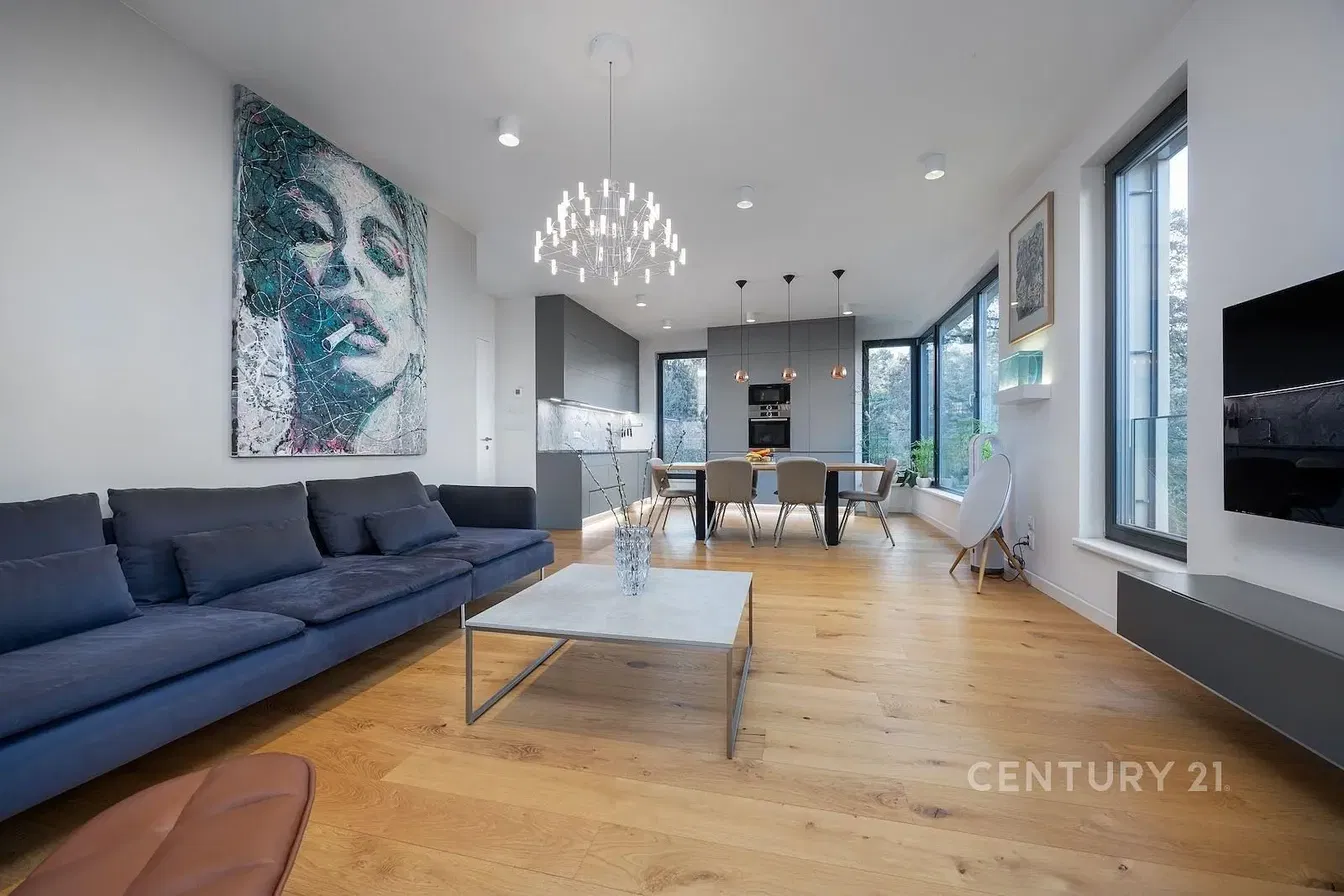 Wohnzimmer; blick, holzboden, tageslicht, moderner stil