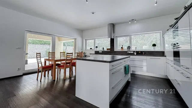 Kuchyňa; kuchynské spotrebiče, prirodzené svetlo, moderný štýl, dlažba