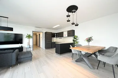 Wohnzimmer; moderner stil, holzboden, tageslicht, küchengeräte