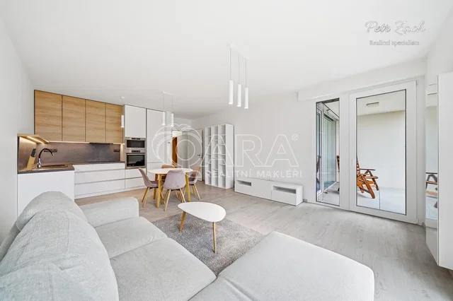 Living room; kitchen appliances, natural light, modern style, wood floor