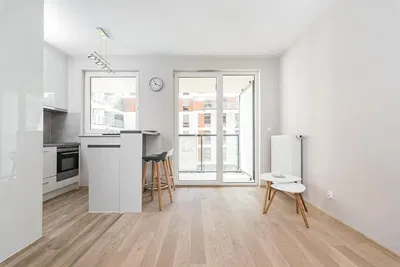 Kuhinja; pogled, kuhinjski aparati, drveni pod, prirodno svjetlo, moderni stil