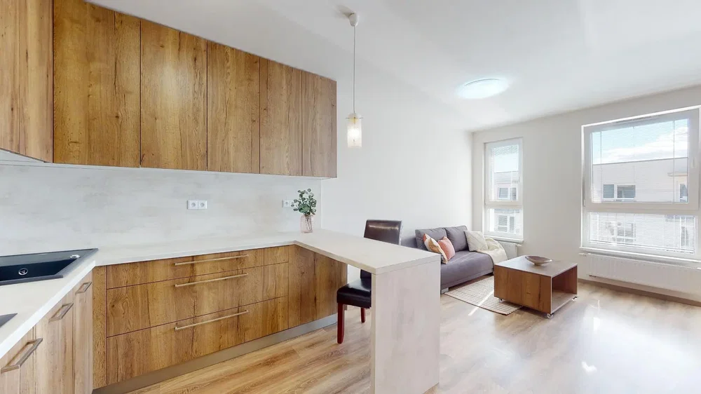 Küche; küchengeräte, holzboden, tageslicht, moderner stil