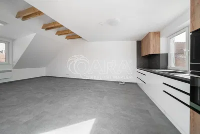Kuhinja; kućanski aparati, drvene grede, pločice, prirodna svjetlost, moderan stil