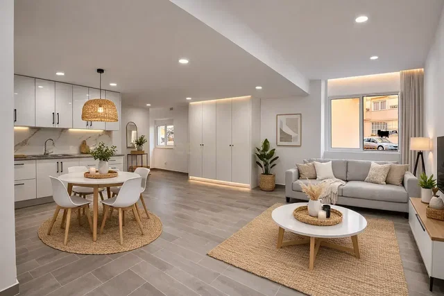 Wohnzimmer; tageslicht, moderner stil, fliesenboden, blick