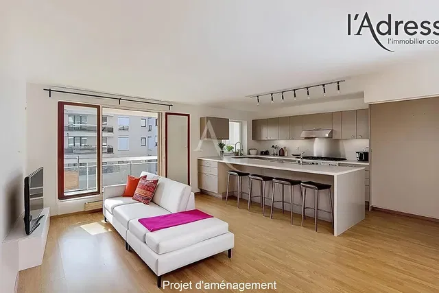 Salon; vue, style moderne, parquet, lumière naturelle