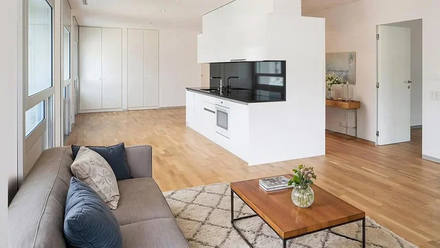 Salon; widok, światło dzienne, podłoga drewniana, styl nowoczesny