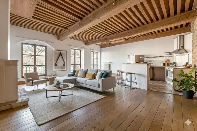 Sala de estar; vigas de madeira, chão de madeira, luz natural, estilo moderno