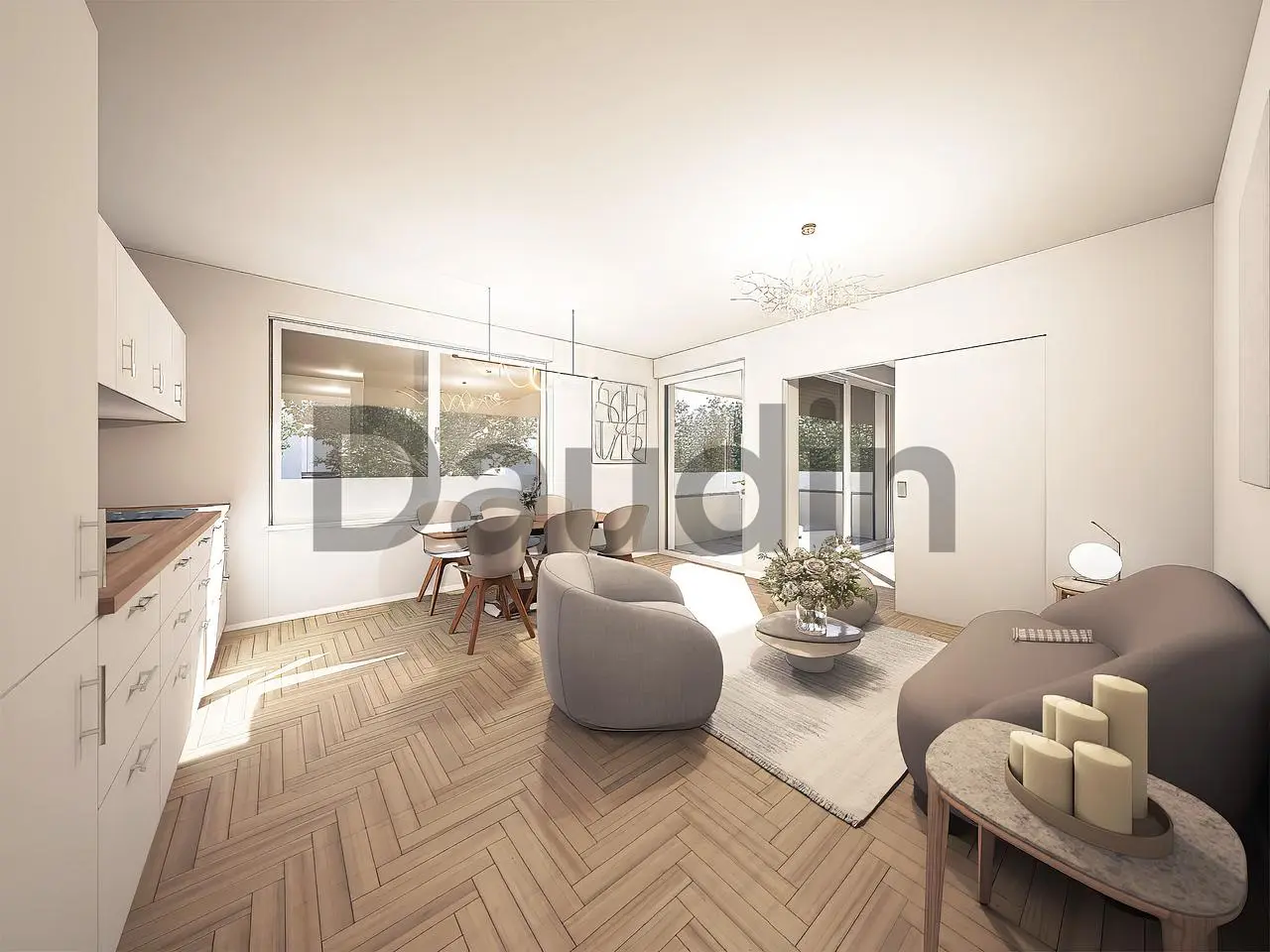 Wohnzimmer; blick, tageslicht, moderner stil, holzboden