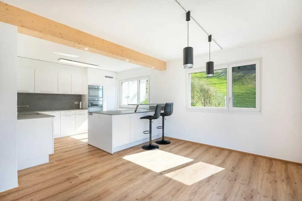 Küche; blick, holzboden, tageslicht, moderner stil