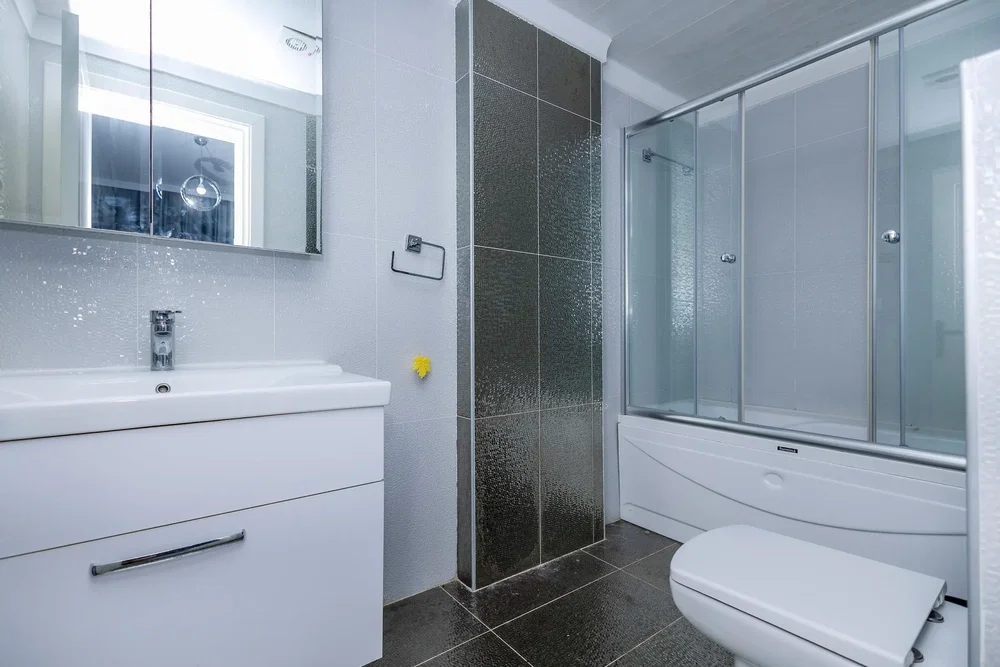 Salle de bain; carrelage, rénové, lumière naturelle, style moderne