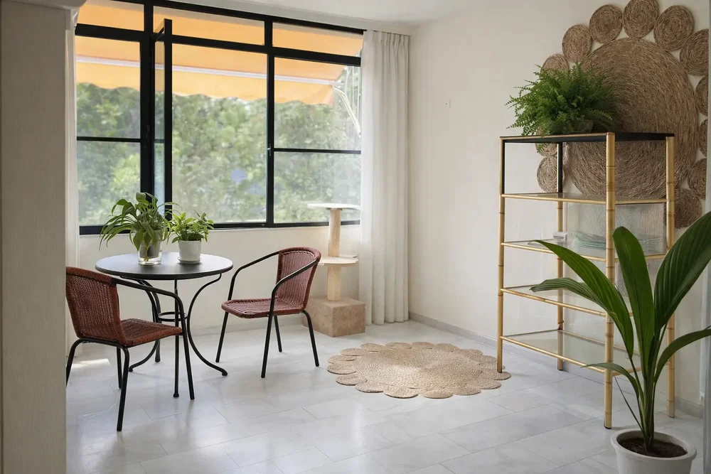 Wohnzimmer; tageslicht, moderner stil, fliesenboden