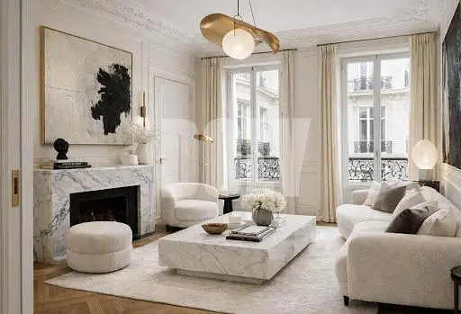 Salon; cheminée, lumière naturelle, style moderne