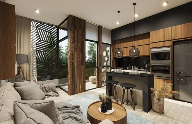 Woonkamer; uitzicht, keukenapparatuur, natuurlijk licht, moderne stijl, houten vloer