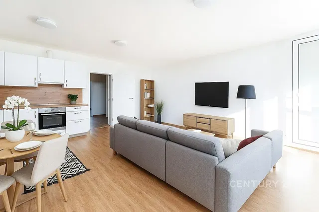 Soggiorno; stile moderno, pavimento in legno, luce naturale, elettrodomestici