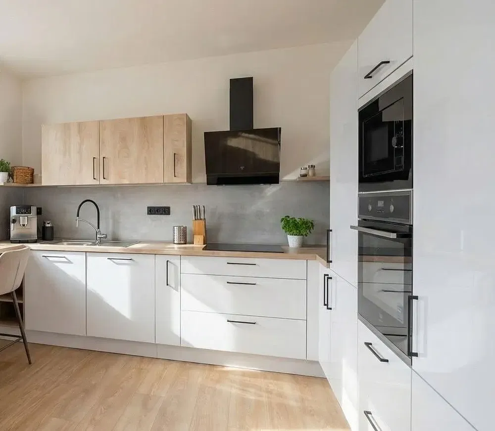 Kuhinja; kuhinjski aparati, prirodno svjetlo, moderni stil