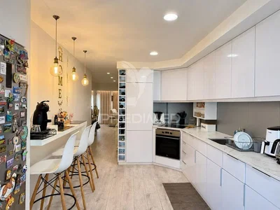 Kitchen; kitchen appliances, wood floor, natural light, modern style