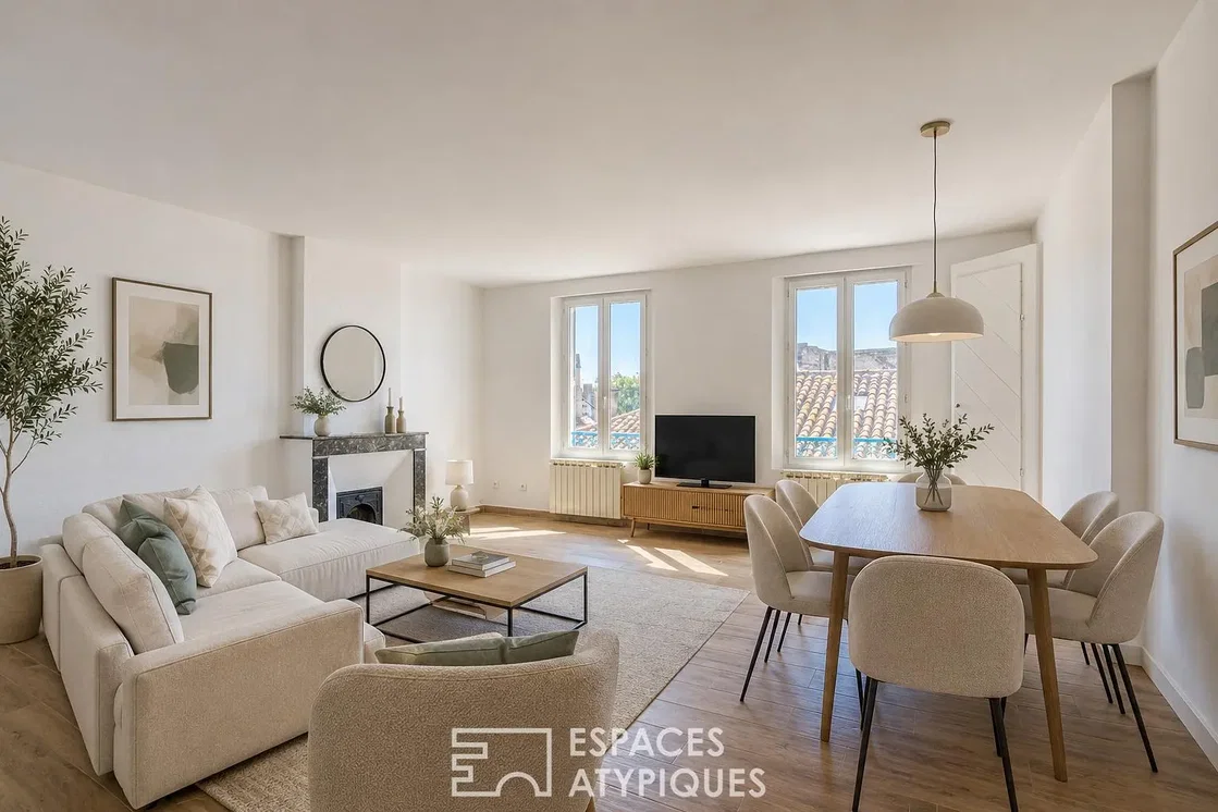 Woonkamer; natuurlijk licht, moderne stijl, houten vloer, open haard