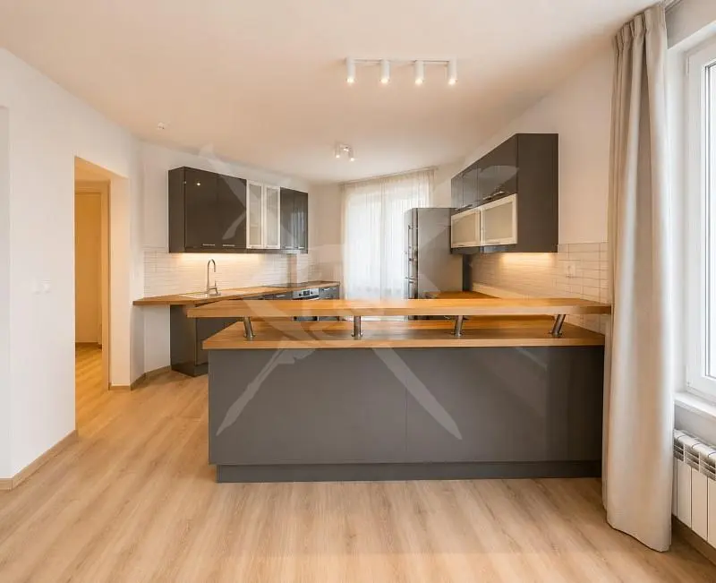 Kuhinja; kuhinjski aparati, drveni pod, prirodno svjetlo, moderni stil