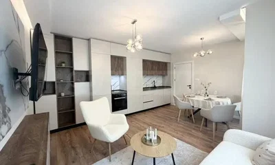 Salon; parquet, lumière naturelle, style moderne, électroménager