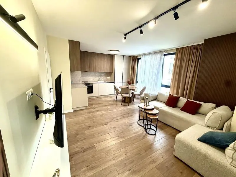 Living room; wood floor, natural light, modern style