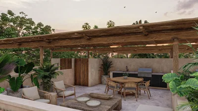 Terrasse; lumière naturelle, poutres en bois, style rustique