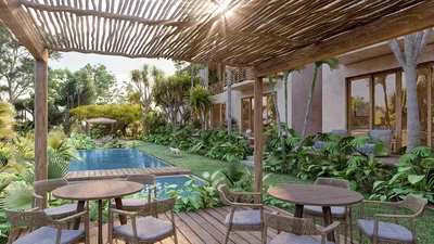 Terrasse; lumière naturelle, poutres en bois