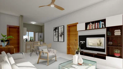 Obývací pokoj; moderní styl, přirozené světlo, dřevěná podlaha