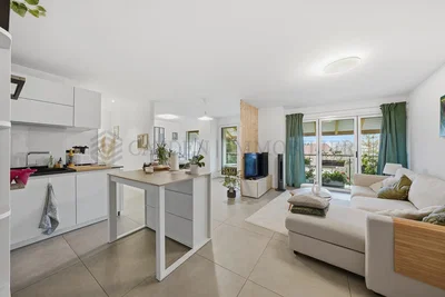Living room; kitchen appliances, natural light, modern style, tile floor