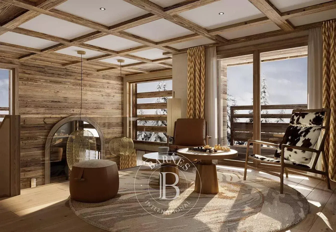 Salon; poutres en bois, parquet, lumière naturelle, style rustique