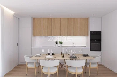 Kitchen; kitchen appliances, wood floor, natural light, modern style, renovated
