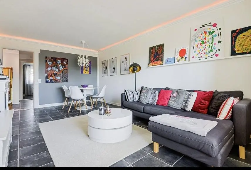 Salon; carrelage, style moderne, lumière naturelle