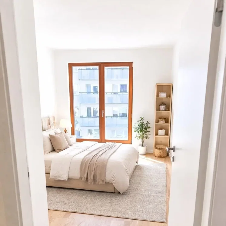 Camera da letto; luce naturale, pavimento in legno