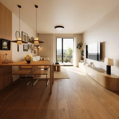 Living room; wood floor, natural light, modern style