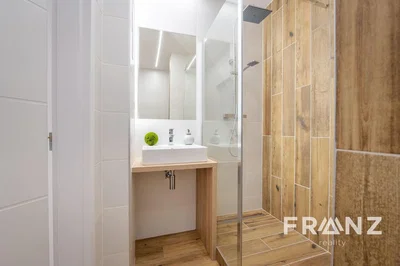 Salle de bain; parquet, carrelage, rénové, lumière naturelle