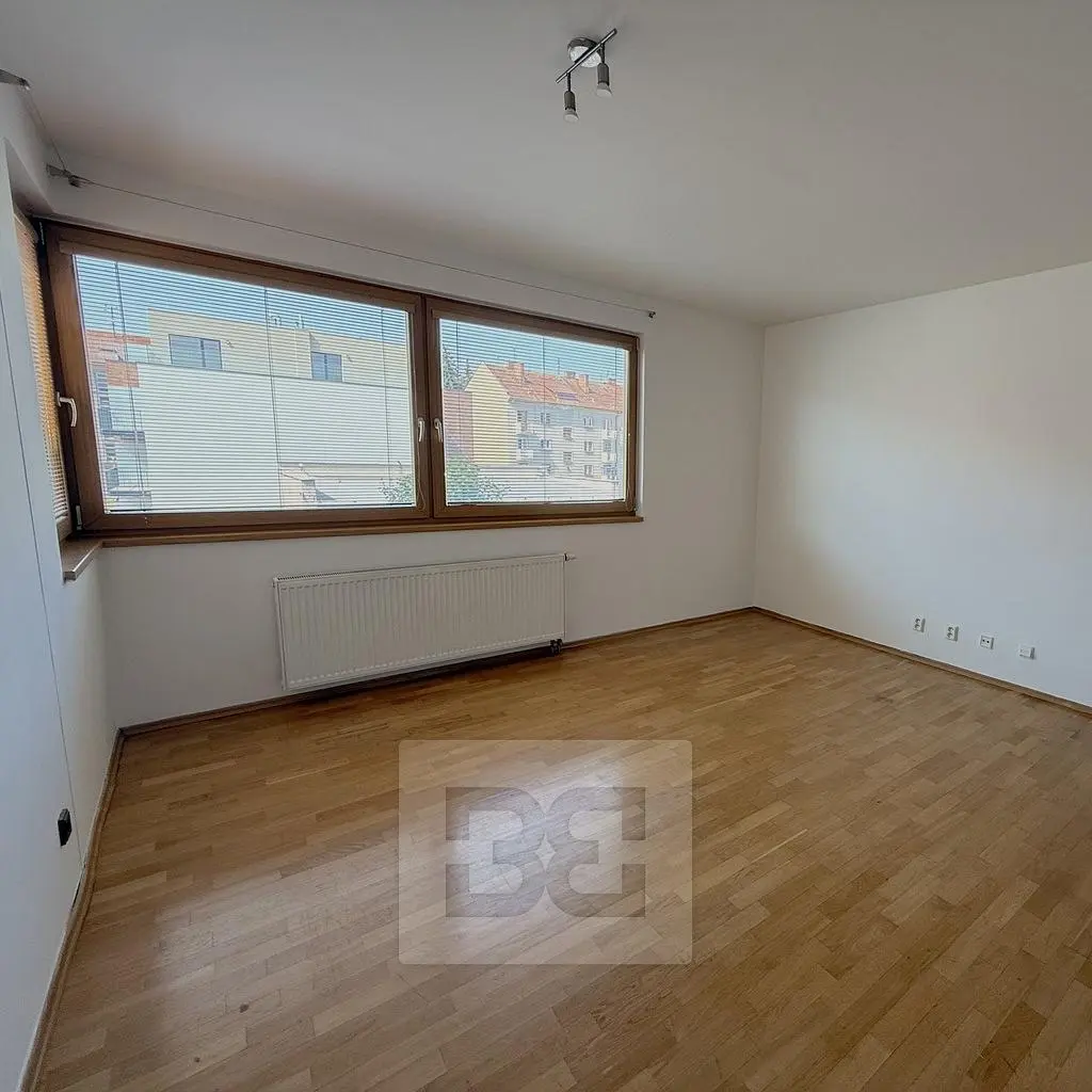 Obývací pokoj; dřevěná podlaha, přirozené světlo, výhled