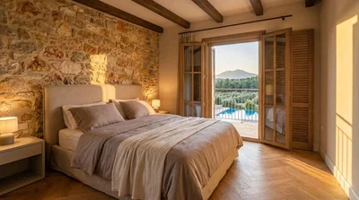 Dormitorio; vista, luz natural, vigas de madera