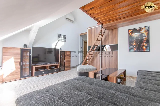 Living room; wood beams, wood floor, natural light, modern style