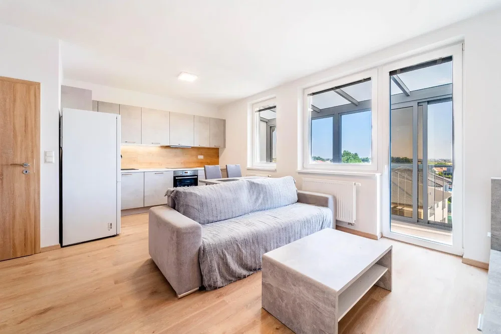 Living room; wood floor, natural light, view