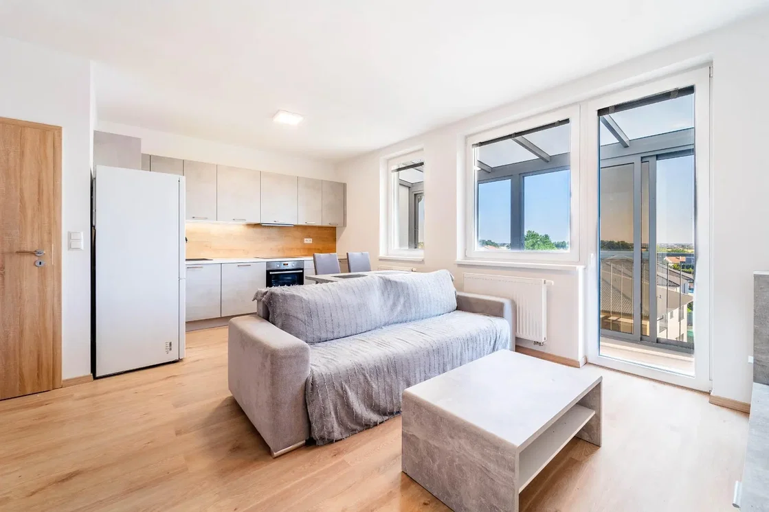 Living room; wood floor, natural light, view