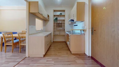 Кухиња; дрвени под, кухињски апарати, природно светло