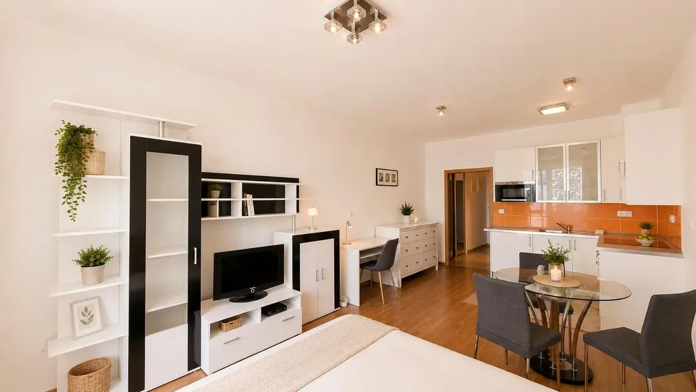 Salón; luz natural, suelo de madera, estilo moderno, electrodomésticos