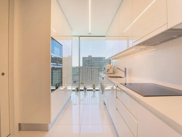 Kitchen; view, kitchen appliances, tile floor, natural light, modern style
