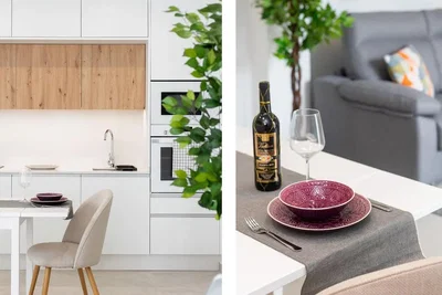 Mutfak; mutfak aletleri, modern stil, doğal ışık, ahşap kirişler