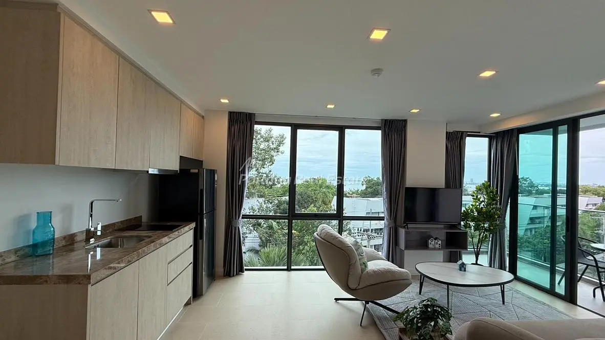 Living room; view, kitchen appliances, natural light, modern style, wood floor