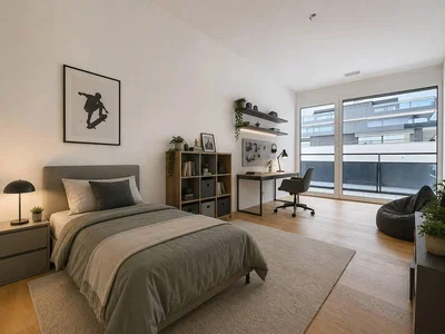 Schlafzimmer; holzboden, tageslicht, moderner stil
